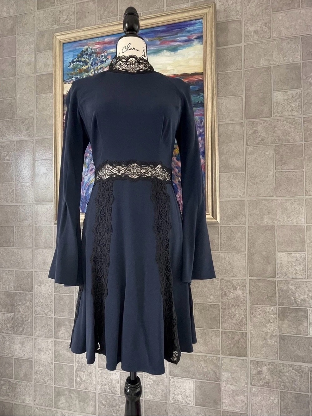 Jonathan Simkhai Navy Dress with Black Lace Trim
